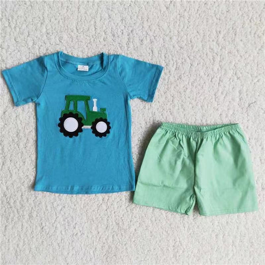 Boys embroidery design tractor short set