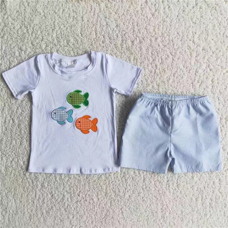 Boys embroidery design fish short set