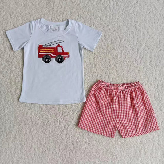 Boys embroidery design fire truck summer short set