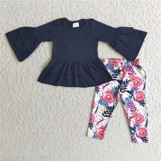 Navy blue top floral pants 2pcs outfit