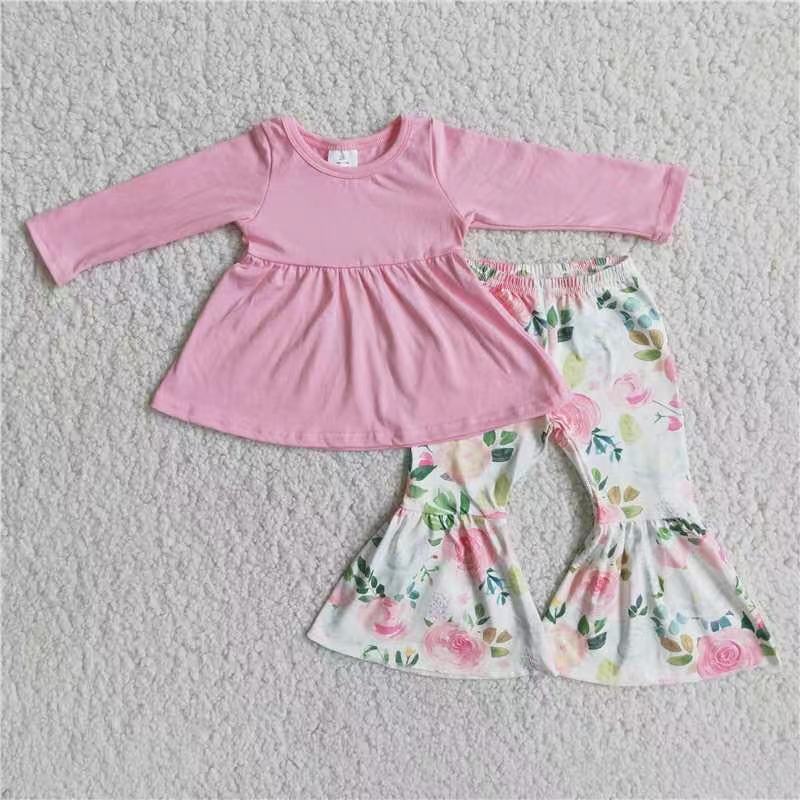 pink top floral pants 2pcs set