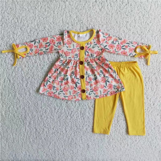 floral top yellow pants 2pcs set