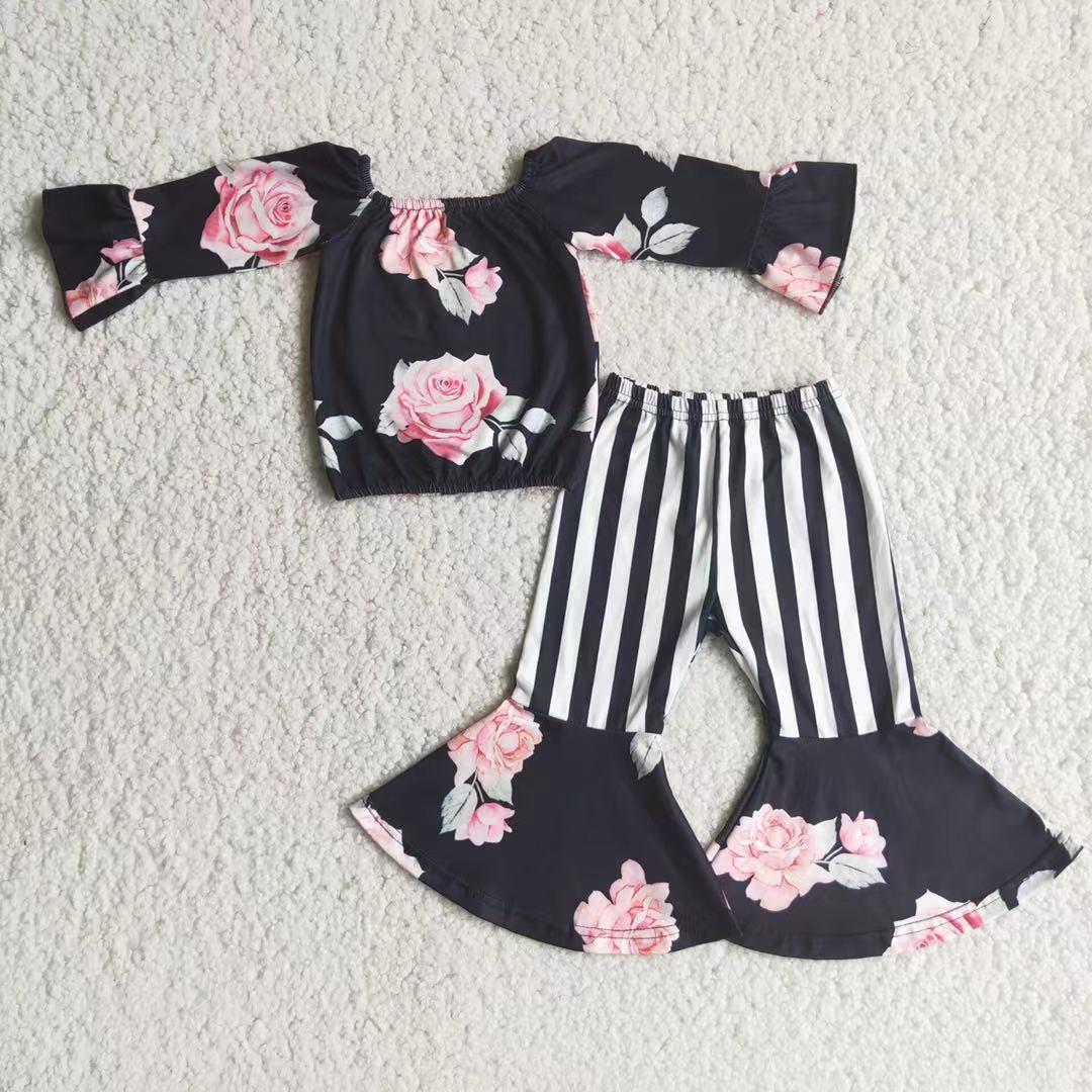 Girl black floral print clothing set