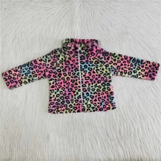 Baby girls long sleeve leopard print faux fur coat