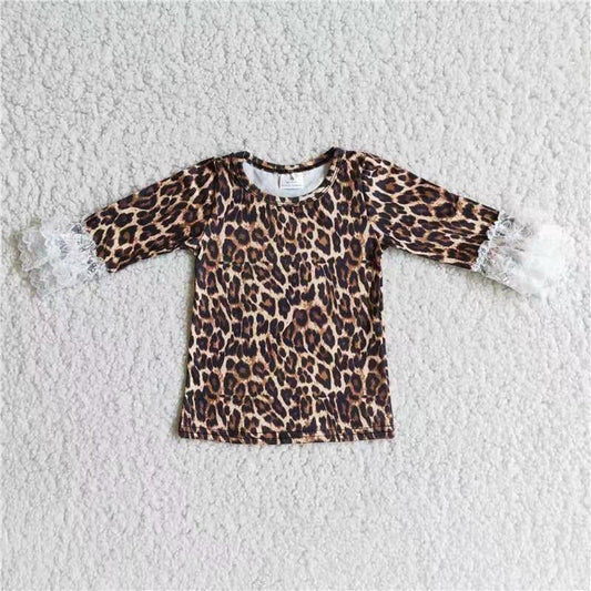 girls leopard top with lace ruffle