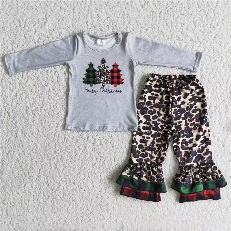 baby girls Christmas tree top leopard pants outfit