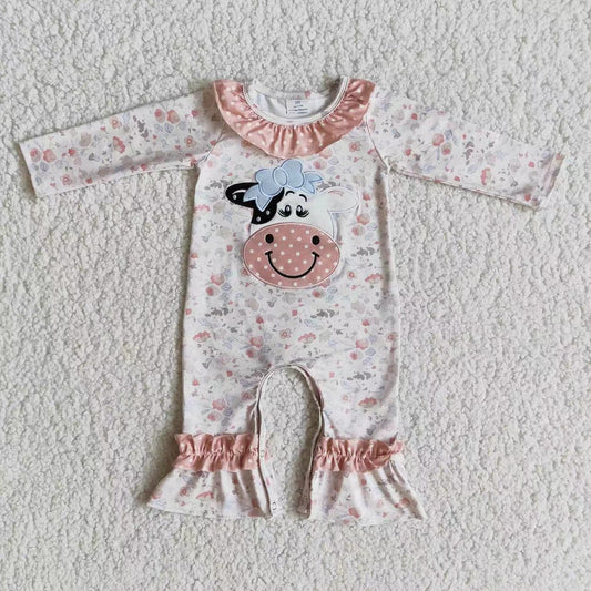 girls embroidery cow long sleeve romper