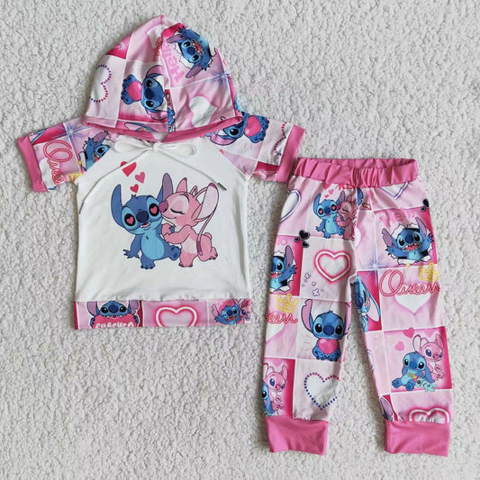 baby girls cartoon short sleeve hoodie set heart print