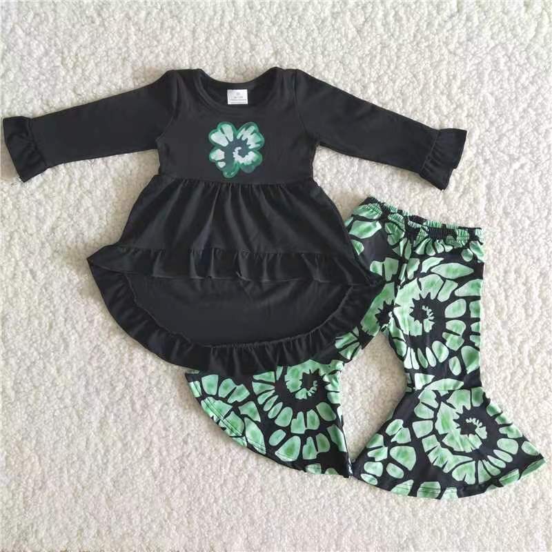 Saint Patrick's long sleeve outfit，Black Tie Dyed Shamrock Hi-Lo Bell Bottoms Outfit，6 A30-27