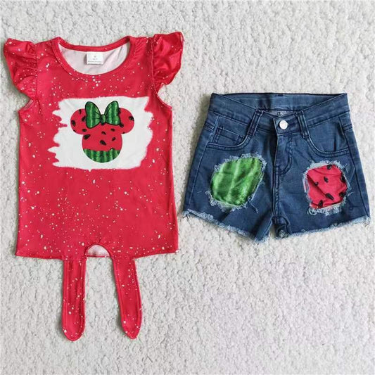 girls cartoon short sleeve top denim shorts outfit