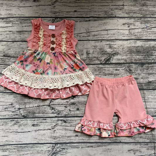 baby girls sleeveless floral button top ruffle shorts outfit