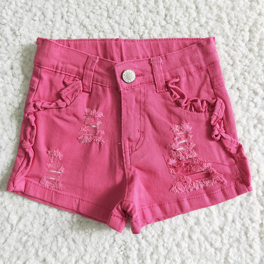 Hot pink ruffle denim pocket shorts