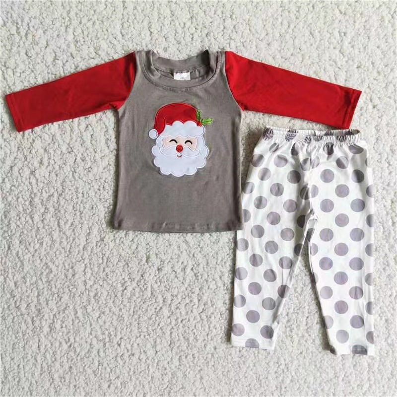 Boys Embroidery Santa print long sleeve top polka dots legging 2pcs outfit