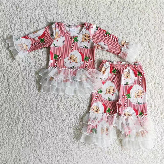 Baby girls Santa print long sleeve top lace ruffle pants 2pcs clothing