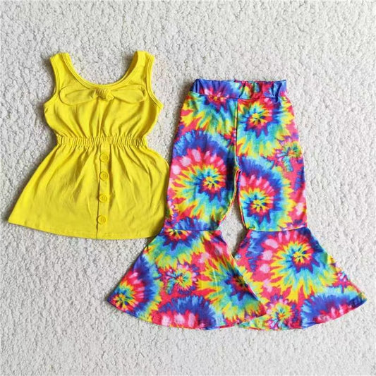 girls yellow top tie dye long pants 2pcs clothing