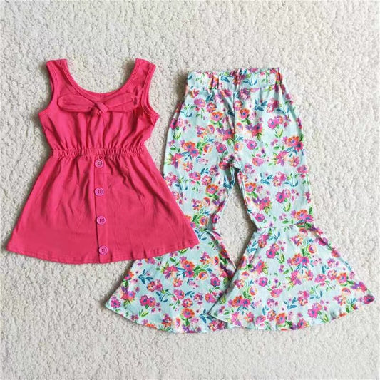 Kids hot pink top floral pants 2pcs outfit