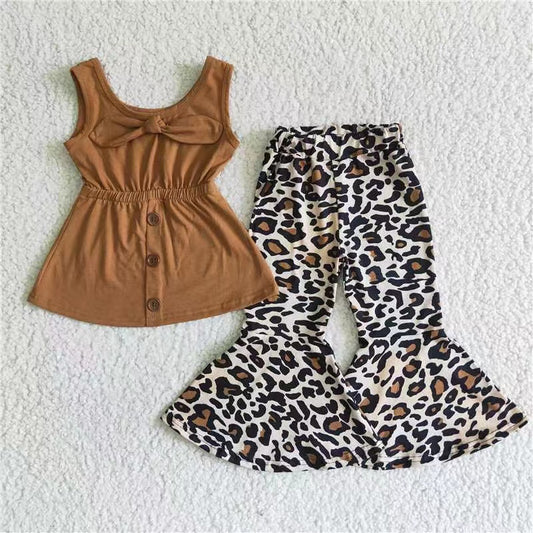 Kids brown top leopard bell bottom pants set