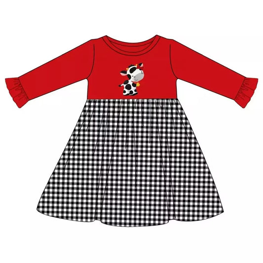 Pre-order  girls long sleeve cow top plaid  dress, GLD0184, Nov 15th