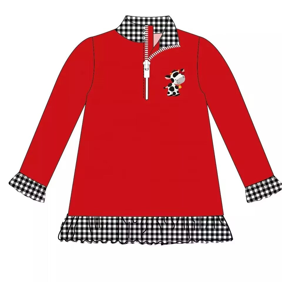 Preorder baby girl cow print plaid ruffle pullover, Nov 15th