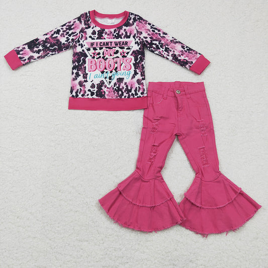 girls long sleeve western boots top pink ruffle denim pants outfit