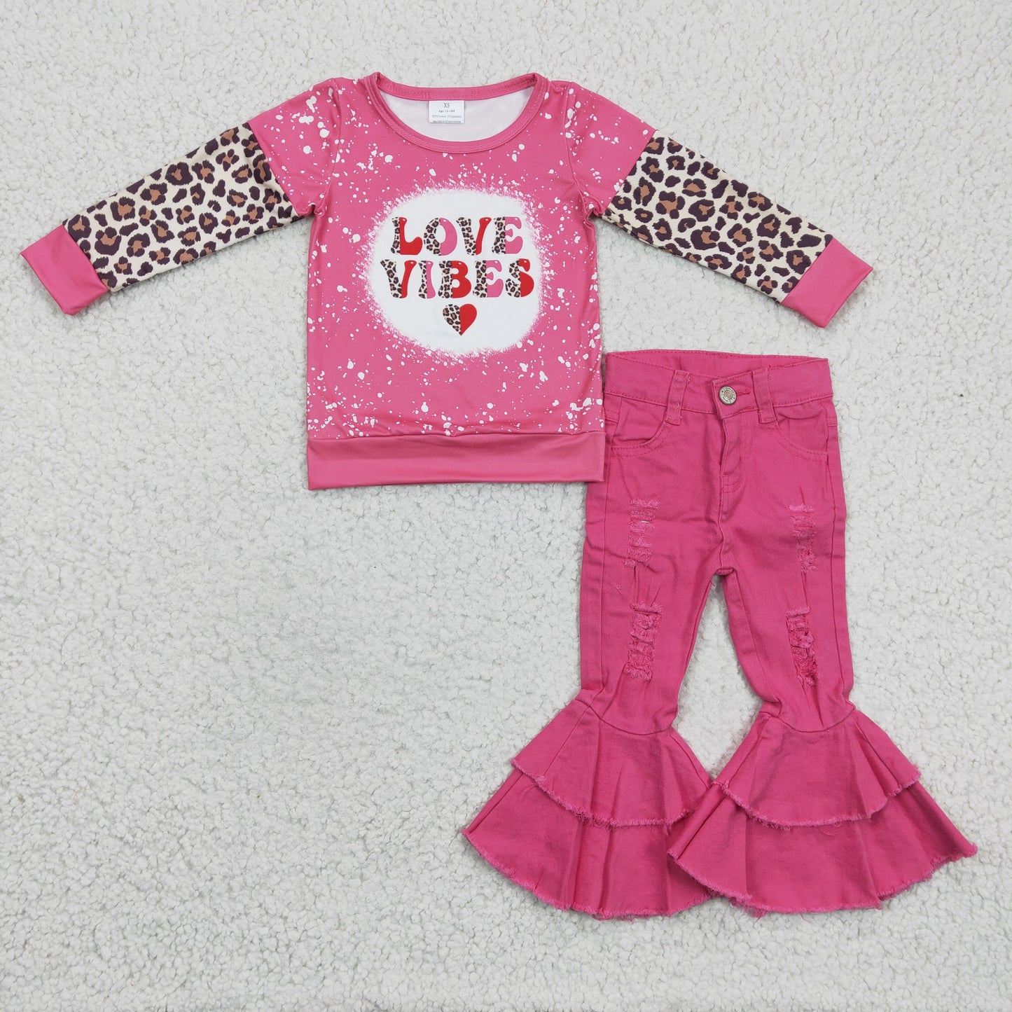 girls long sleeve love vibes top pink ruffle denim pants outfit GLP0412