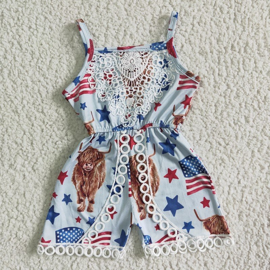 baby girls floral highland cow July 4th jumpsuit,	 SR0053