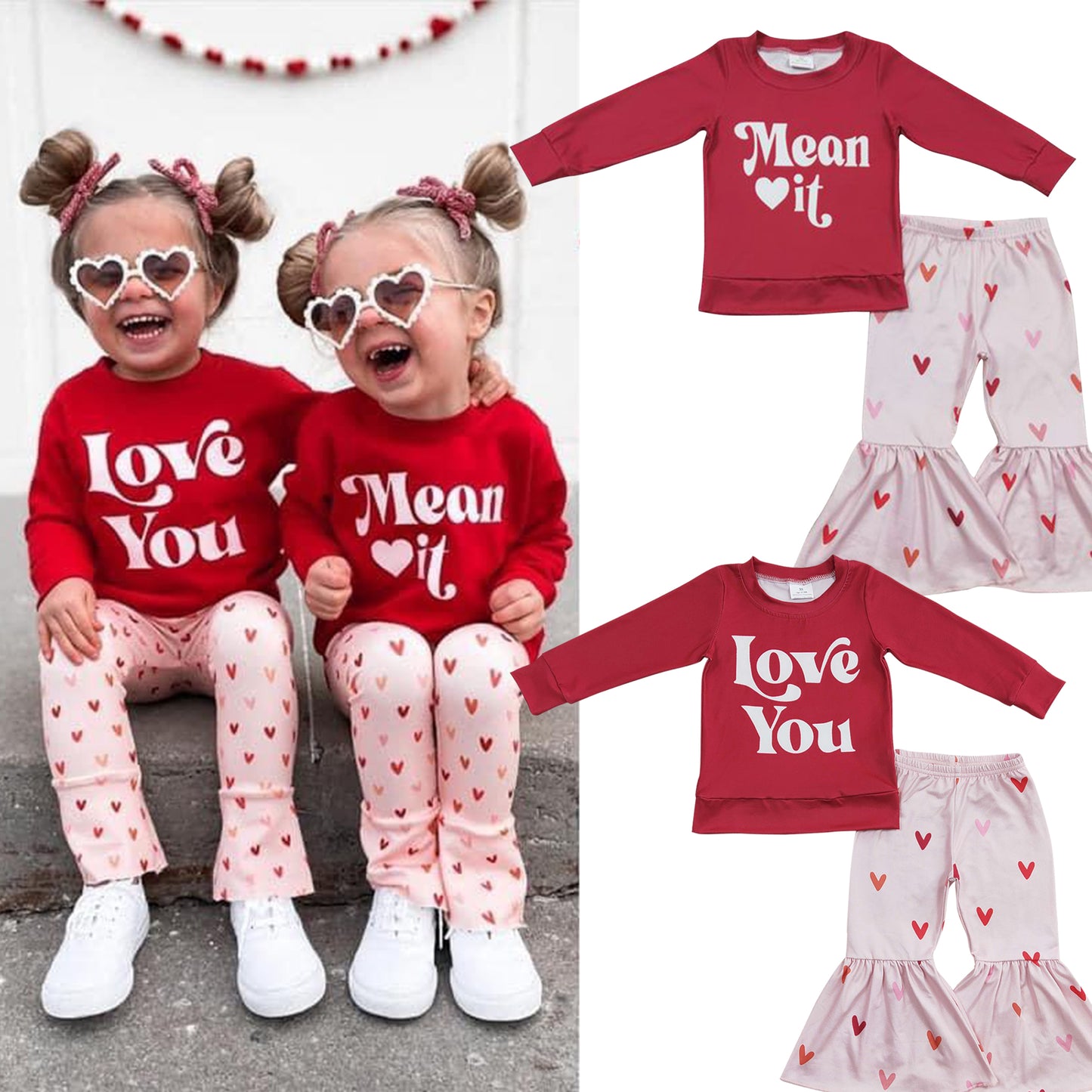 Mean it letter print baby girls Valentines day bell pants outfit, GLP0396