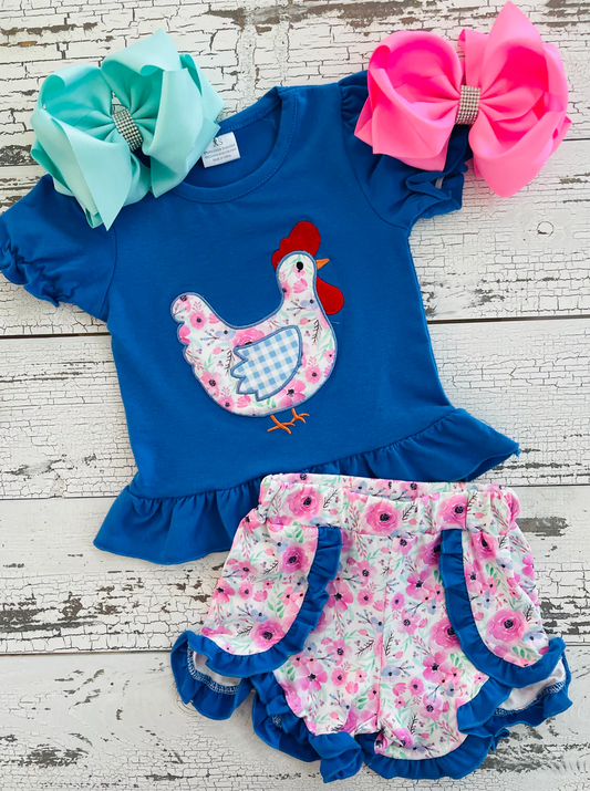 Blue Floral Chicken Shorts Outfit，GSSO0020