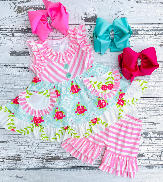 Aqua & Pink Stripe Floral Tunic Shorts Outfit baby clothes