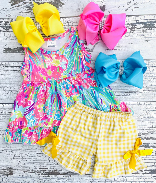 Gingham Yellow Shorts Outfit，E8-19