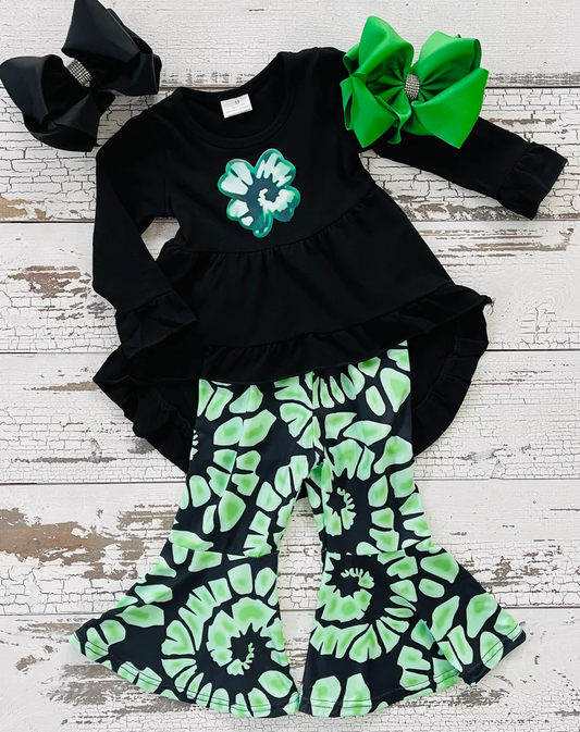 Saint Patrick's long sleeve outfit，Black Tie Dyed Shamrock Hi-Lo Bell Bottoms Outfit，6 A30-27