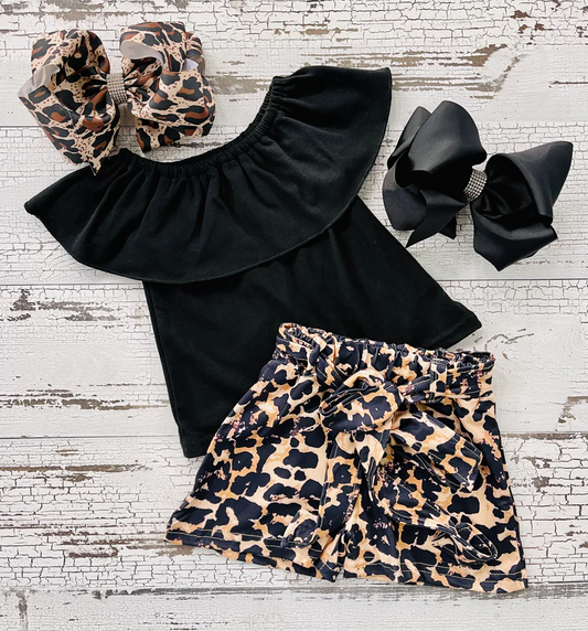 Girls black top leopard shorts 2pcs summer clothing，GSSO0082