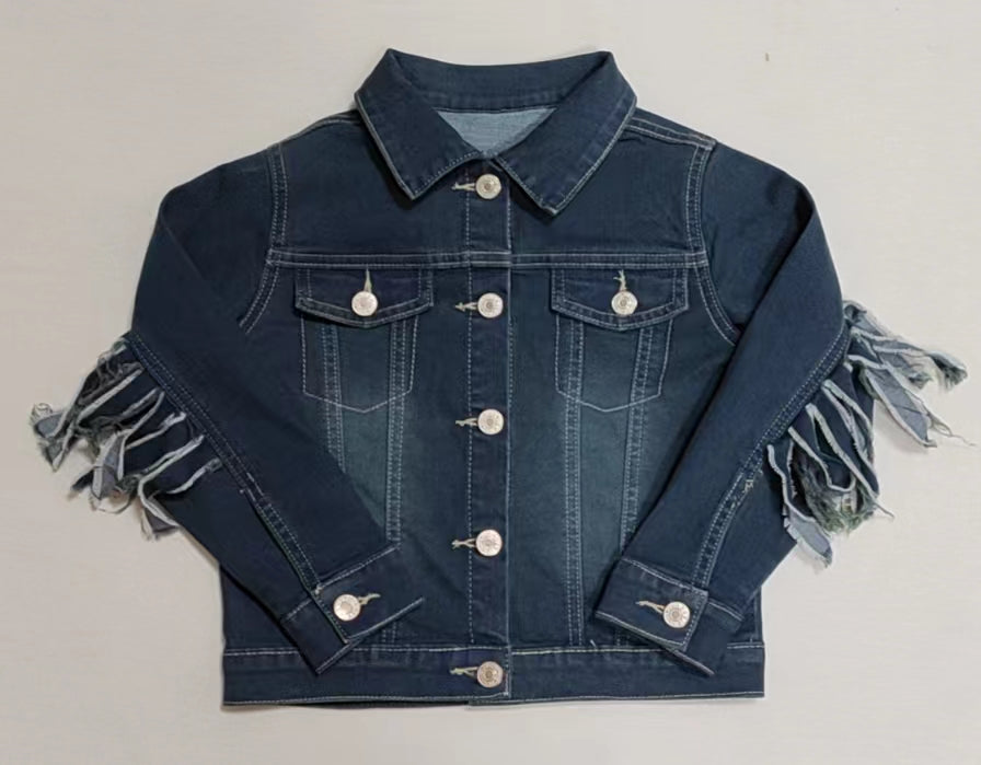 kids tassel sleeve navy blue denim coat,GT0149