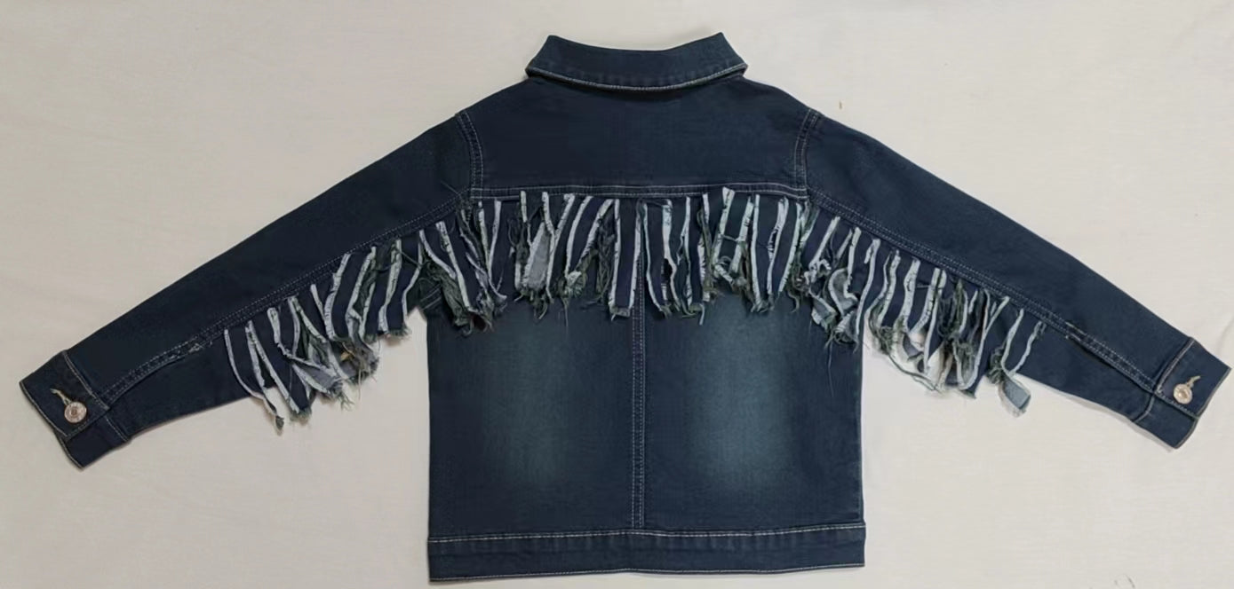 kids tassel sleeve navy blue denim coat,GT0149