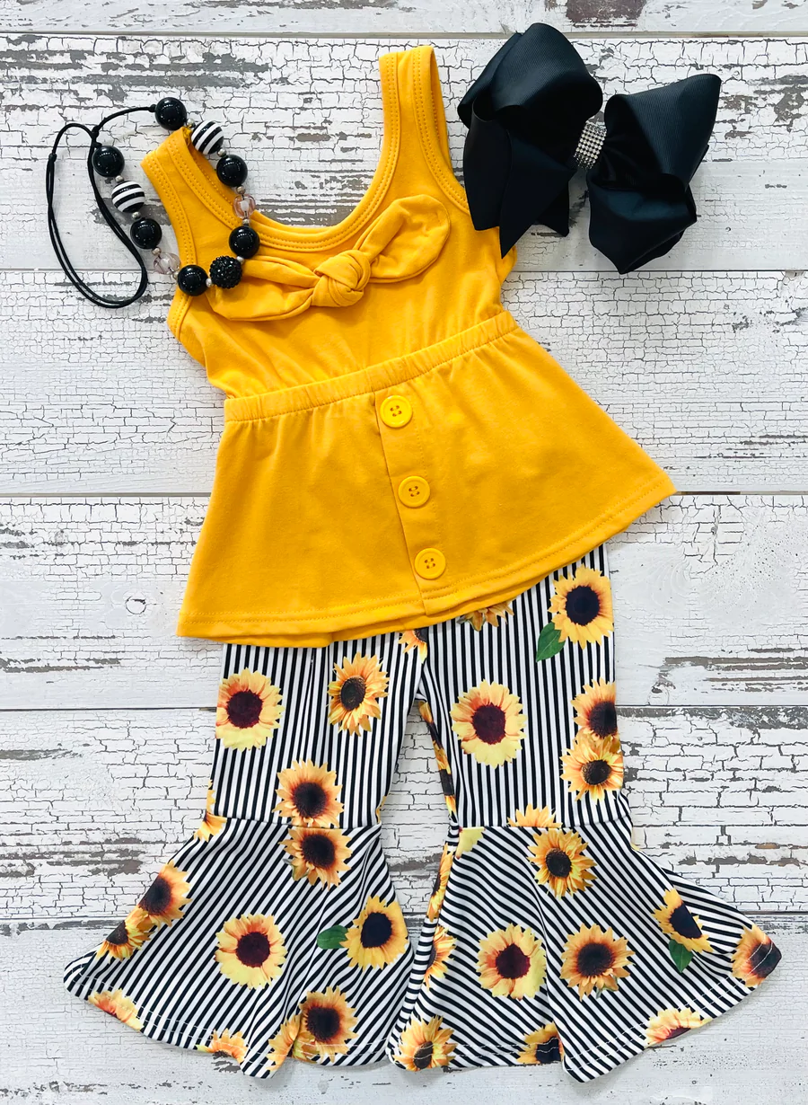 girls yellow top sunflower pants outfit