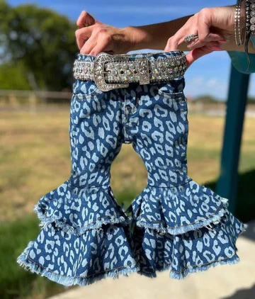 blue leopard jeans bell bottoms children girls ruffle jeans pants