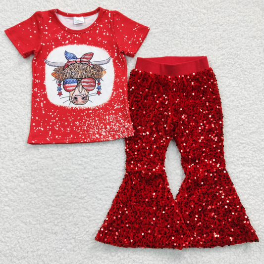 highland cow short sleeve top red sequins pants Forth of July outfit set