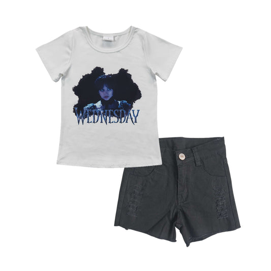 wholesale baby girls summer movie clothing set black denim shorts set