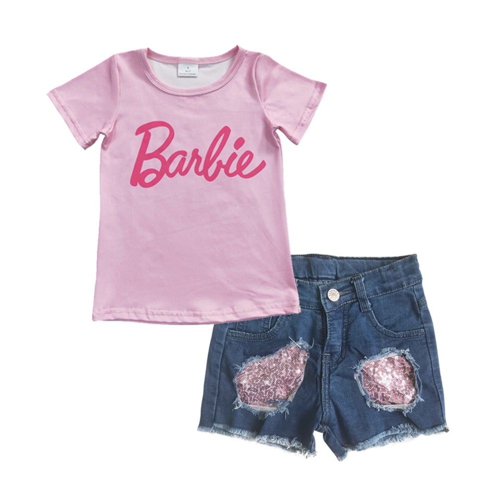 pink short sleeve doll top sequins denim shorts outfit