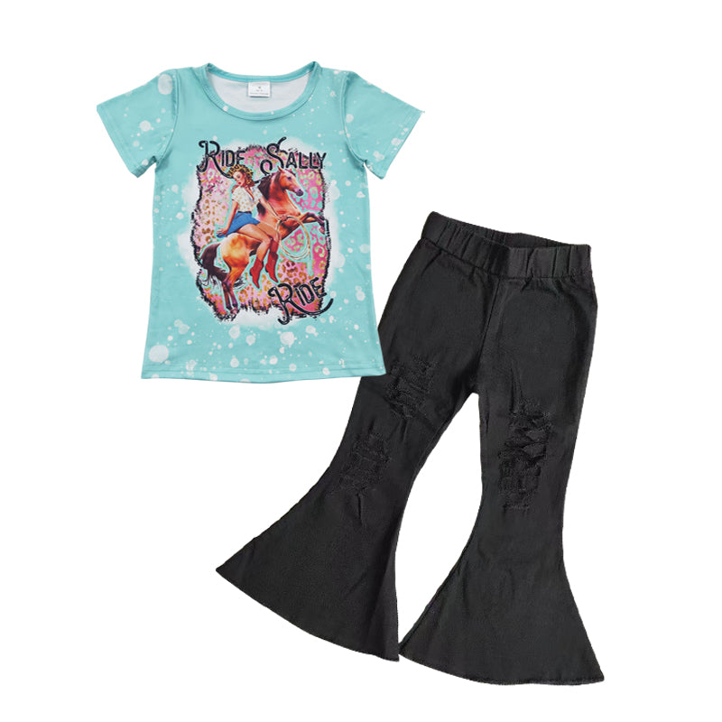 western cowgirl short sleeve top denim pants set