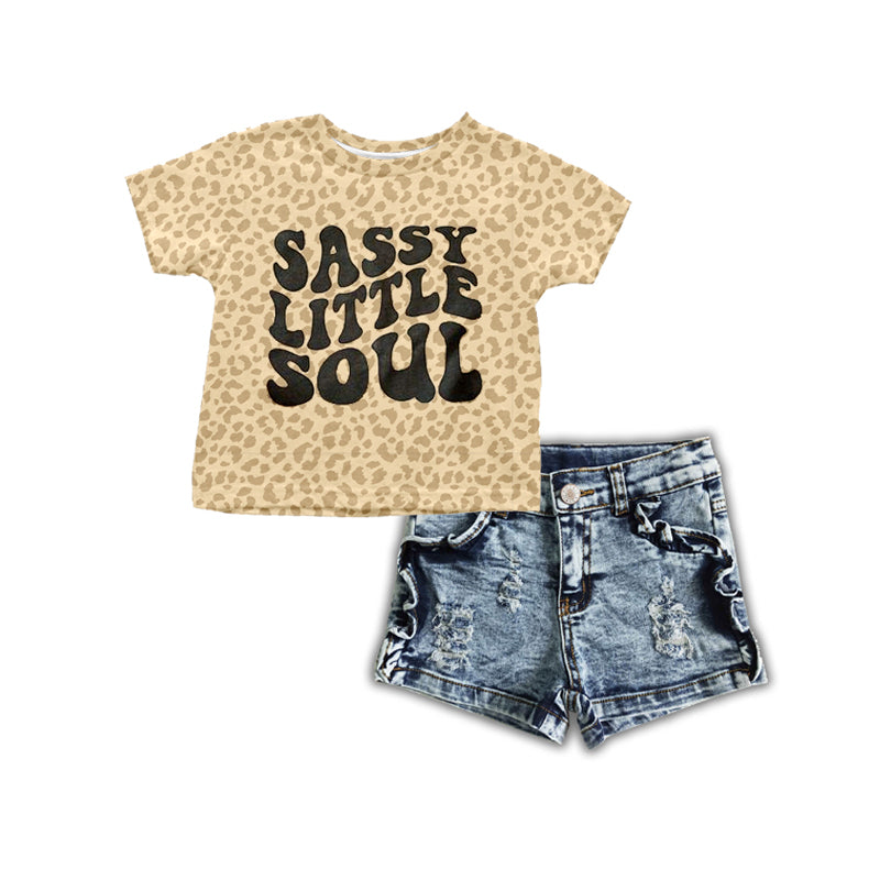 sassy little soul cheetah top jeans shorts 2pcs clothing set