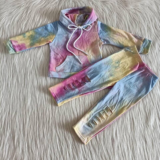 Baby girls blue/yellow/purple tie dye hoodie set