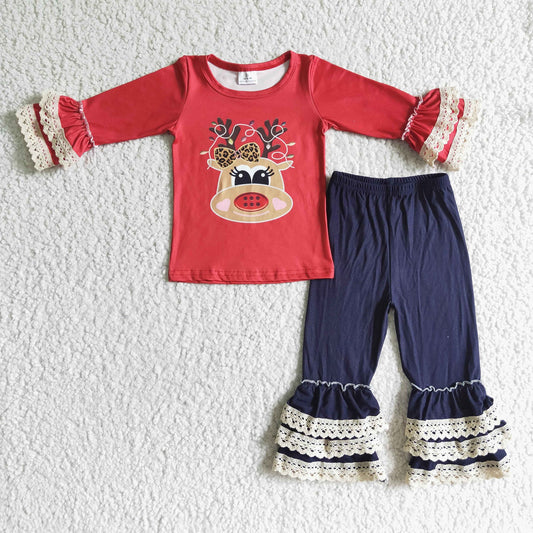 Baby girls embroidery reindeer outfit