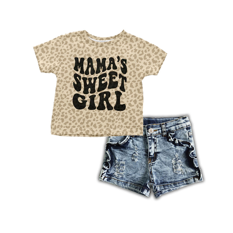 preorder mamas sweet girl cheetah top jeans shorts 2pcs clothing set