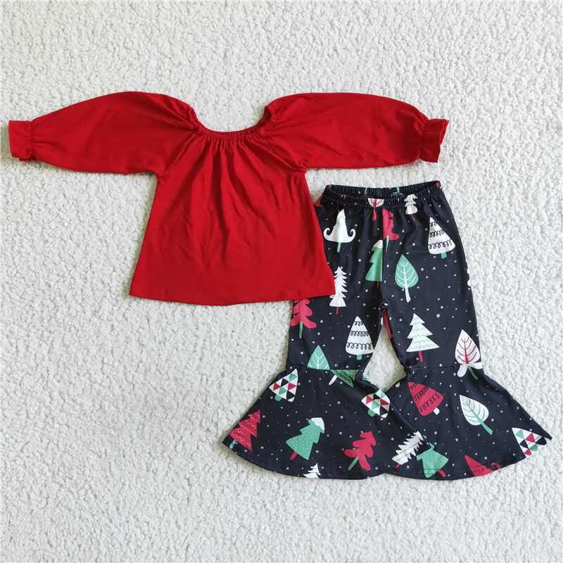 Kids Cotton Top Xmas Tree Pants 2pcs Clothing