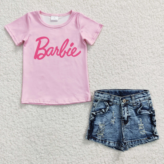 short sleeve girls doll top distressed denim shorts 2pcs set