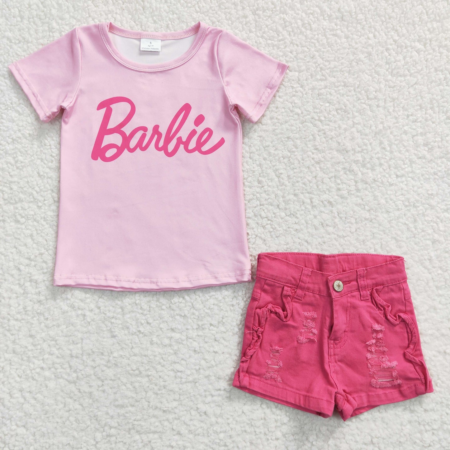 short sleeve girls doll top hot pink distressed denim shorts 2pcs set