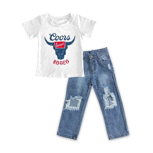 preorder baby girls short sleeve cow top denim pants set,BSPO0087, Dec 9th