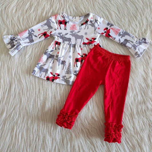 Children girls reindeer print tunic top long leggings 2pcs clothing set