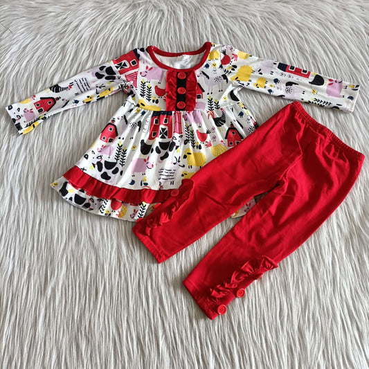 Kids girls farm print long sleeve top ruffle pants outfit